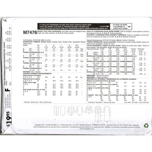 McCall's M7476 Misses L to XXL Cardigan Jacket and Vest Uncut Sewing Pattern - Picture 2 of 2